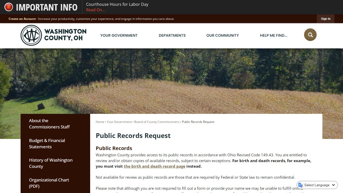 Public Records Request - Washington County, Ohio
